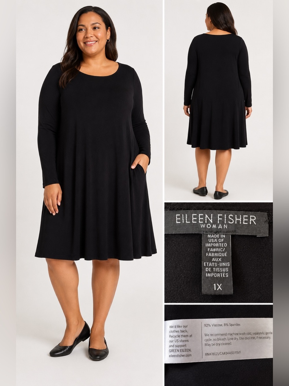 Eileen Fisher Woman Black Stretch Jersey Knit Swing Dress Long Sleeve Size 1X